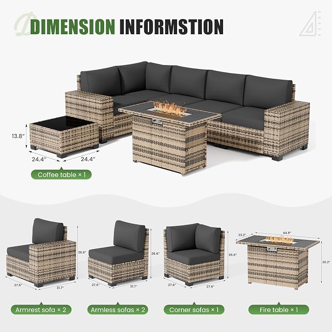 Amopatio 7 Piece Patio Furniture Set with 8" Armrest & 44" Fire Pit Table, Outdoor Wicker Rattan Sectional Sofa Conversation Set for Backyard, Garden, Poolside(Grey Cushion)