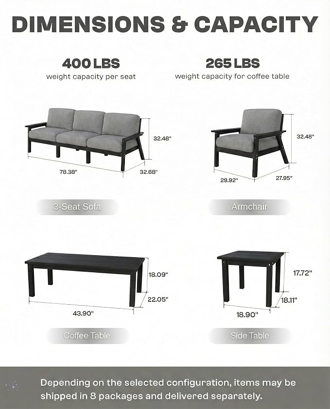 2 Piece HDPE Outdoor Furniture Set with Gray Cushions (Black Frame) | All-Weather HDPE, Modular Design, Extra-Deep Seating, Thick Cushions, Ideal for Backyard, Deck & Porch