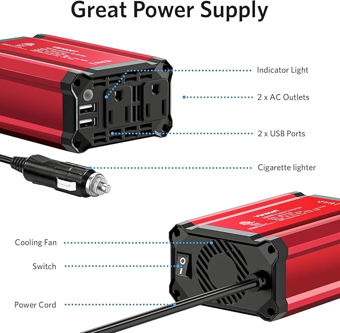 300W Car Power Inverter - vansoet DC 12V to 110V AC(2 Outlets) Power Inverters with 3.4A Dual USB Fast Charging Port - Car Charger Cigarette Lighter Adapter for Laptop/Phone/Road Trip (Red)