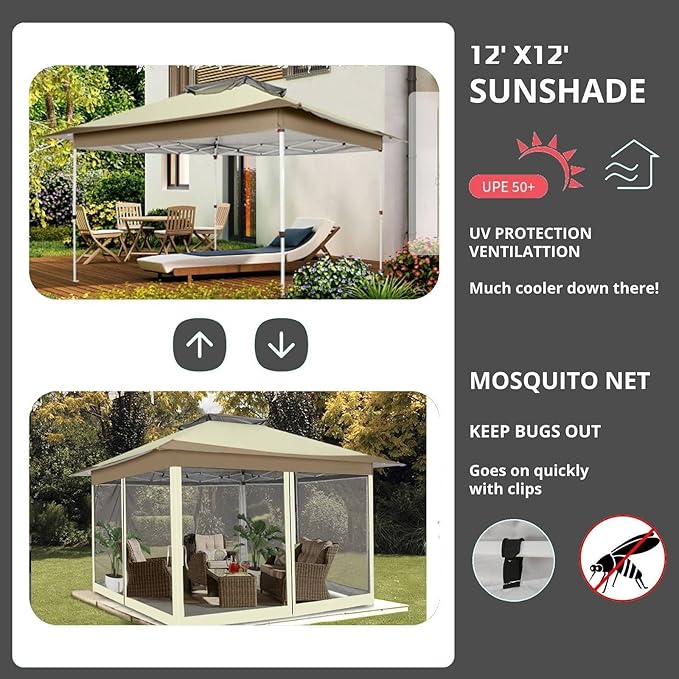 COBIZI 12x12 Pop Up Gazebos On Clearance - Upgrade Easy Up Metal Outdoor Gazebo Waterproof - Portable Gazebo with Mosquito Nettings, 4 Ropes 8 Stakes and Carry Bag for Patio Garden(Khaki)