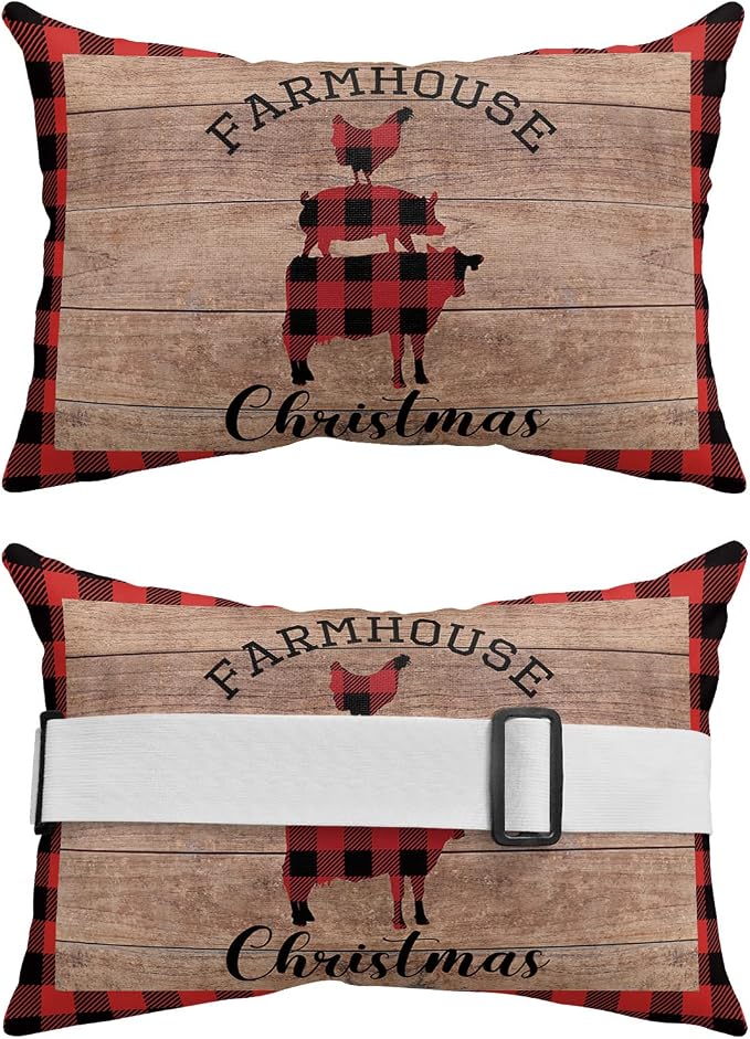 Outdoor Pillows Covers with Inserts Christmas Farmhouse Animal Cow Pig Cock Waterproof Recliner Pillow with Adjustable Strap Throw Pillows for Patio Furniture Pool Lounge Chair, 11x16 inch, 1PCS