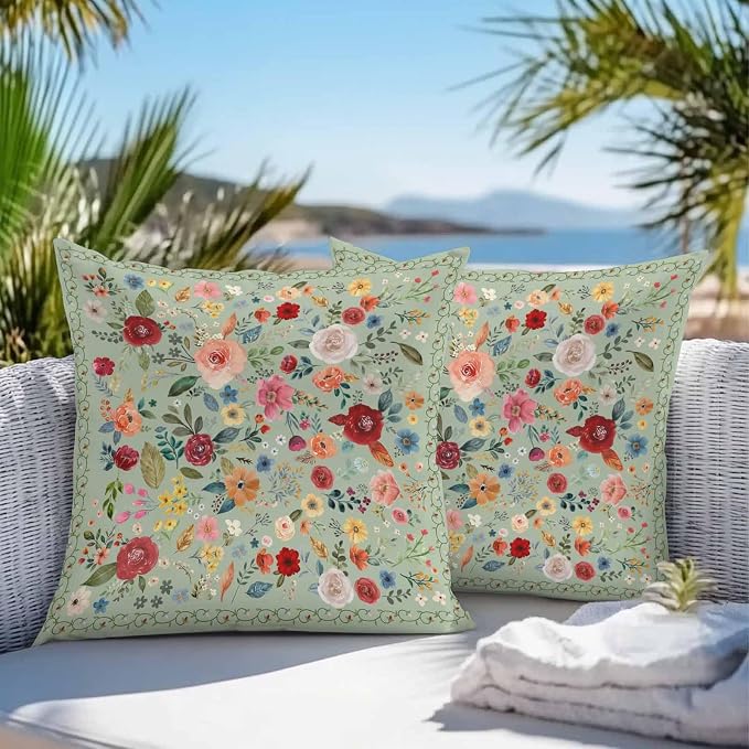 Vandarllin Outdoor Throw Pillows Covers 26x26 inch Set of 2 Waterproof Sage Green Floral Decorative Zippered Cushion Covers for Patio Furniture, Farmhouse Vintage Flower Lumbar Pillowcases