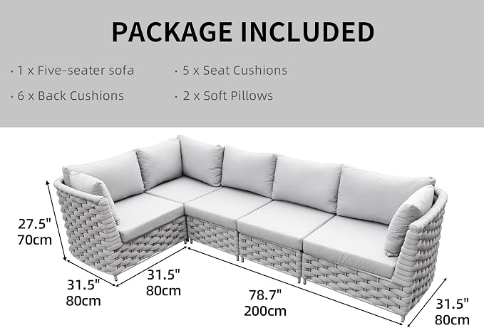TWT 5-Piece Modular Outdoor Sectional Sofa Set, 5-Seater Woven Rope Patio Conversation Couch with Water-Resistant Cushions, for Backyard Balcony Deck, Khaki Gray