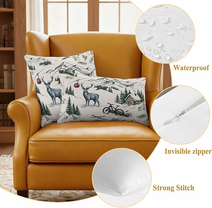 Mountain Cabin Outdoor Pillow Covers 26"x26" Set of 2, Winter Green Pine Tree Wooden House Cabin Waterproof Throw Pillow Covers for Patio Furniture, Decorative Cushion Covers for Porch