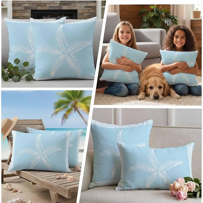 Coastal Starfish Outdoor Waterproof Throw Pillow Covers 24"x24" Set of 2, Ocean Starfish Summer Stripe Sky Blue Decorative Garden Pillowcase with Zipper Cushion Case for Patio Couch Tent