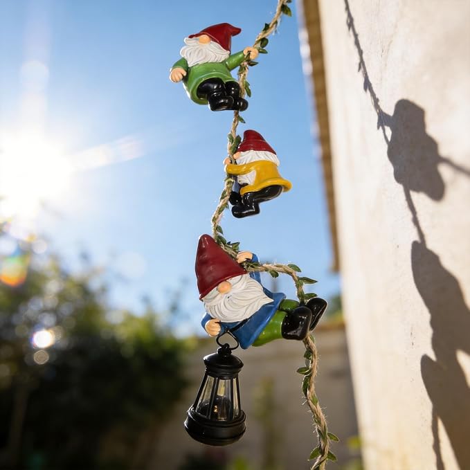 Garden Gnomes Hanging Solar Lights, 3-Pack Climbing Rope Gnome Statues with LED Lantern, Resin Outdoor Decor for Yard Patio Door Tree Fence Wall, Housewarming Gifts for Women Mom Grandma