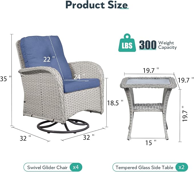 Outdoor Swivel Glider Rocker Chair Set of 4 - Wicker Patio Furniture Set All Weather Conversation Set with 2 Tempered Glass Side Table for Deck Backyard - Light Beige Wicker Blue Cushion