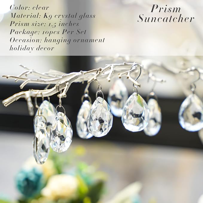 10 Pcs 38mm Clear Crystal Teardrop Chandelier Hanging Suncatcher Parts | Clear Crystal Teardrop Prisms Pendants with Hooks Suncatcher for Lamp Window Christmas Tree Wedding Decor