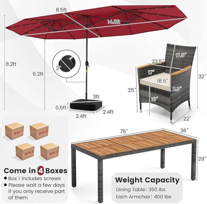 Tangkula 11 Pieces Patio Dining Set with 15 ft Double-Sided Patio LED Umbrella (Base Included), Outdoor Rattan Furniture Set with 8 Armchairs, 1 Rectangular Acacia Wood Dining Table (Wine)