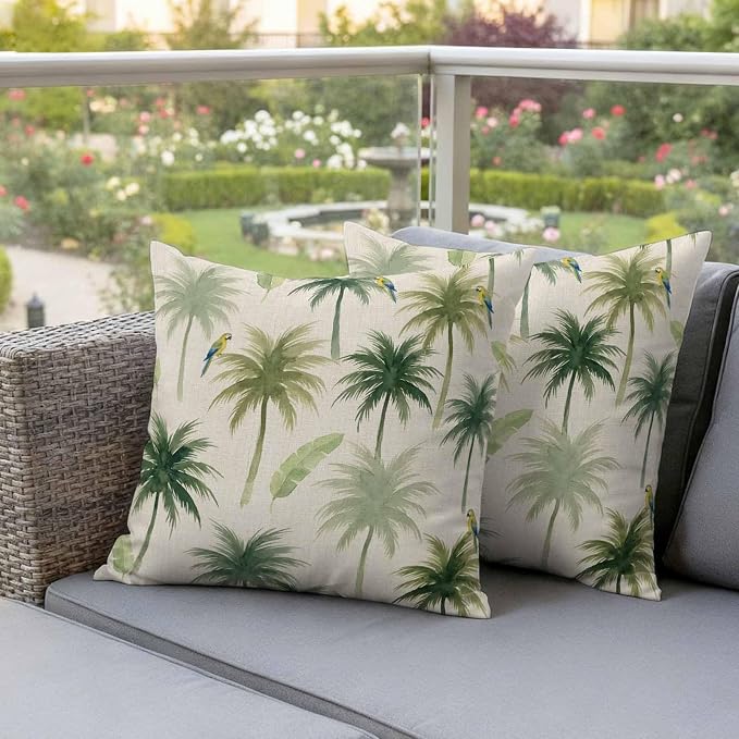 Yukro Summer Palm Tree Parrot Outdoor Waterproof Pillow Covers Pack of 2, Tropical Green Leaf Bird Retro Throw Pillowcases Decorative Cushion Covers for Garden Patio Tent Sofa Couch, 24x24 inch