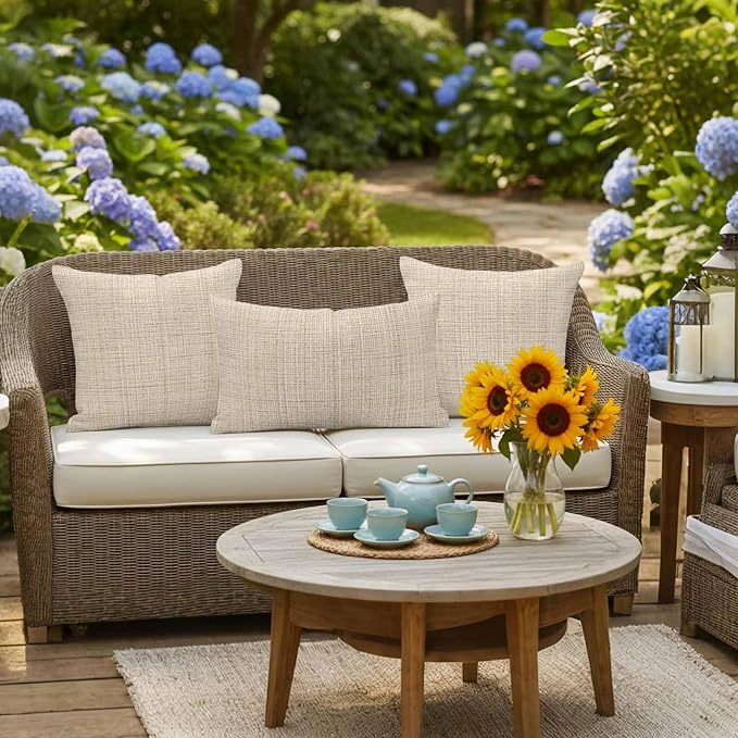 Outdoor Waterproof Throw Pillow Covers Set of 2 Beige Linen Texture Pillowcases 26x26 Inches Solid Color Decorative Pillows Cushion Case Patio Pillows for Couch Bed Chair Garden