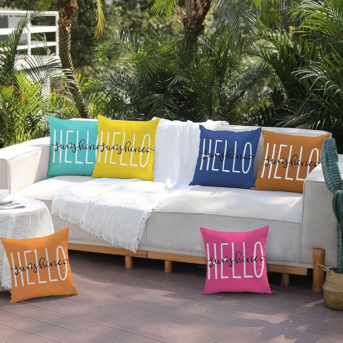 DFXSZ Navy Blue Outdoor Waterproof Pillow Covers 20x20 Set of 2 | Hello Sunshine Decor Spring Summer Polyester Pillow Covers(NO INSERTS)| Decor for Patio Funiture Garden Sofa Couch