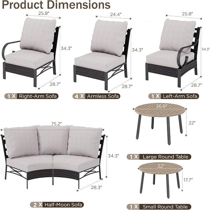 PHI VILLA Large Patio Furniture Set 12 Piece, Half-Moon Outdoor Couch Set for 10 Persons with 2 Patio Coffee Table for Garden, Poolside, Balcony, Backyard
