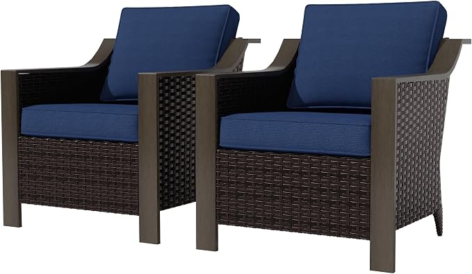 Outdoor Wicker Chair Set of 2, All-Weather Use Patio Rattan Chair with Removable Water-Resistant Cushion, Ideal for Porch, Backyard, Balcony, Poolside, Blue