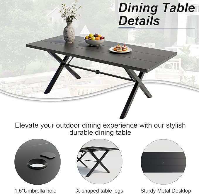 10 Pieces Patio Dining Set,Metal Outdoor Furniture Set Includes 13.6FT Grey Umbrella,Hole Cut-Out 78.7" x 35.4" Table and 8 Metal Backrest Chairs for Backyard,Garden,Navy