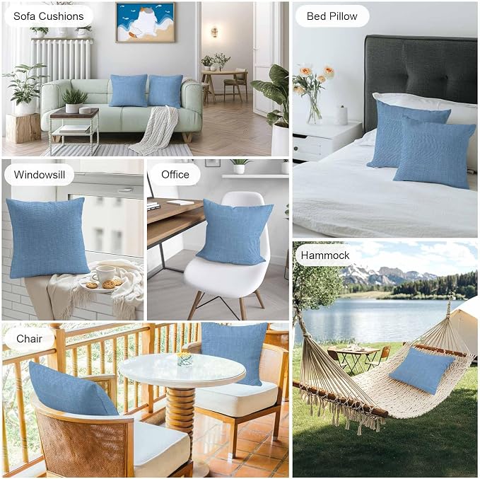 Pack of 2 Waterproof Outdoor Pillow Covers 24x24 Inch Decorative Pillow Covers Blue Burlap Texture Throw Pillowcases Farmhouse Vintage Blue Outdoor Cushion Cover for Couch, Patio, Tent