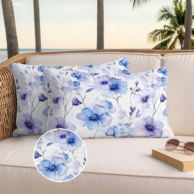 Purple Blue Outdoor Waterproof Throw Pillow Covers Set of 2, 20"x12", Gradient Flowers Pansy Watercolor Botanical Decorative Pillow Covers Outside Cushion Case for Patio Porch Garden
