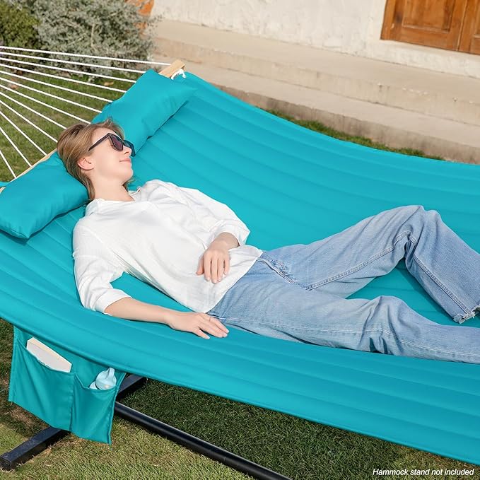 GAFETE Hammock 2 Person Quilted Fabric Hammocks for Outside, Double 12ft Hammocks with Spreader Bar, Large Removable Pillow, Storage Bag, Carabiners, Max 475 lbs Capacity (Canyon Creek Aqua)