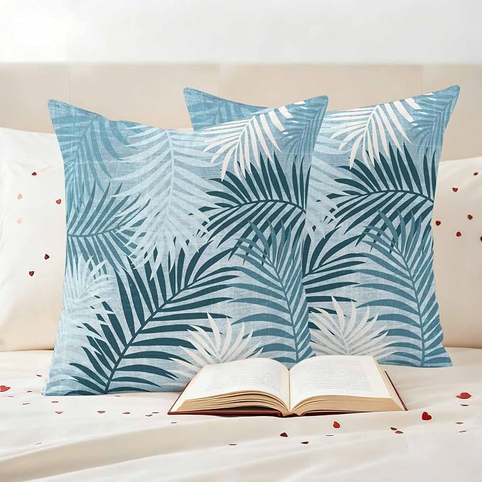 Outdoor Waterproof Throw Pillow Covers, Blue Teal Palm Leaves Decorative Pillow Cases, Summer Botanical Tropical Leaf Couch Pillow Protector Patio Sofa Cushion Covers Replacement 26"x26" 2 Pack