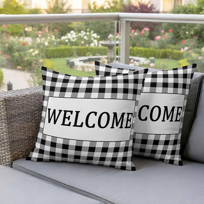 Welcome Black Outdoor Pillow Covers Set of 2 White Buffalo Check Plaid Waterproof Throw Pillow Cover Decorative Cushion Cases for Patio Porch Garden 20X20 Inch