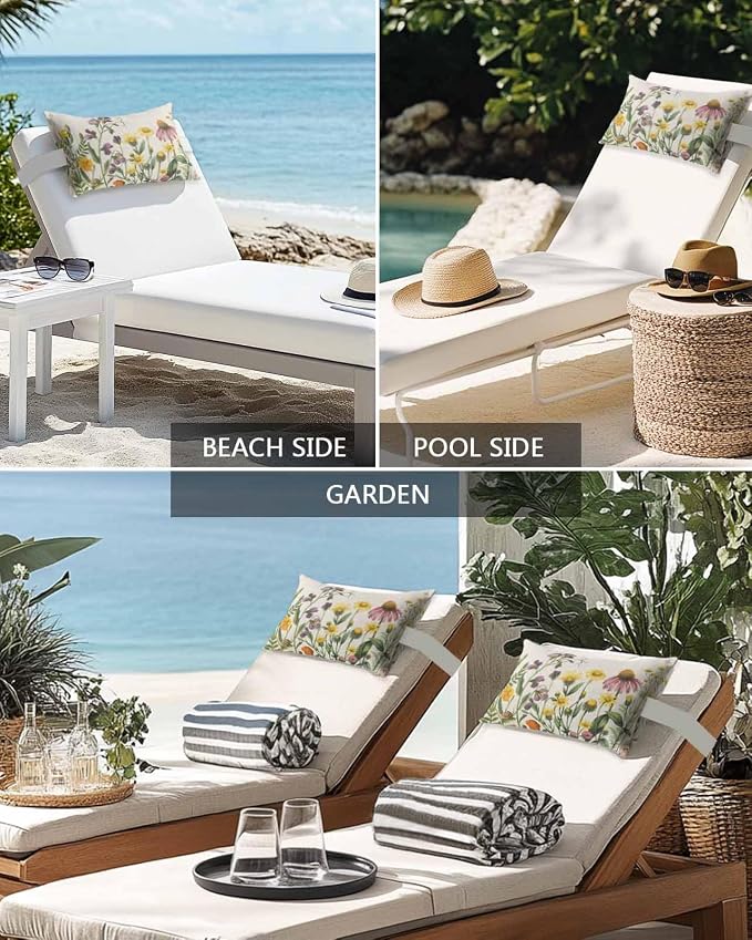 Spring Wildflowers Outdoor Pillows with Insert 12x20 Inch Summer Country Plants Leaf Flowers Linen Waterproof Headrest Pillows with Adjustable Strap Lounger Chair Throw for Patio Furnitures , 2 Pack