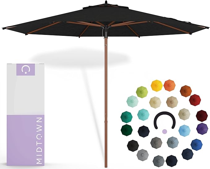 Midtown Umbrellas The Wooden 9 Feet Patio Umbrella With Sunbrella Spectrum Carbon Acrylic Fabric - Aluminum Frame Market Umbrella For Backyard, Deck, Garden, Pool - Wooden Pole
