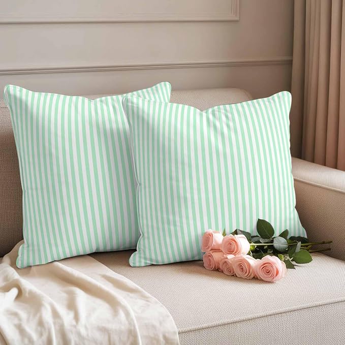 Throw Pillow Covers 18x18 Inch Set of 2, Green White Stripe Waterproof Outdoor Cushion Covers, Modern Minimalist Geometric Striped Decorative Pillowcases for Couch, Sofa, Bed, Garden, Patio