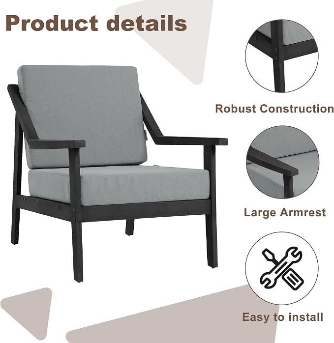 Outdoor Patio Furniture Set, 3 Piece Patio Conversation Sets with Washable Thick Cushions, All-Weather Solid Wood Patio Bistro Set for Porch, Balcony, Black Frame & Gray Cushion