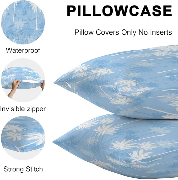 Throw Pillow Covers 16x16 Inch Set of 2, Tropical Palm Tree Waterproof Outdoor Pillow Covers, Blue White Plants Coastal Botanical Leaf Decorative Cushion Pillowcases for Patio, Garden, Couch, Sofa