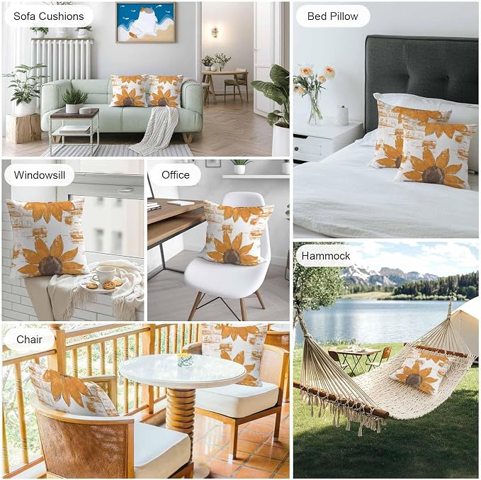 Vandarllin Outdoor Throw Pillows Covers 16x16 inch Set of 2 Waterproof Orange Sunflower Decorative Zippered Cushion Covers for Patio Furniture, Flower Field Lumbar Pillowcases