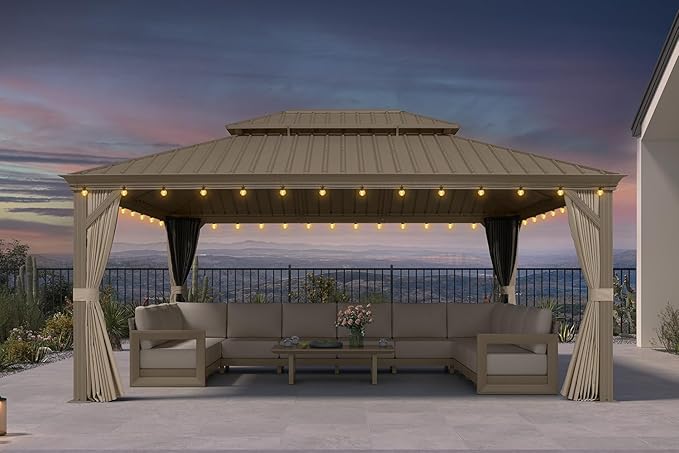 PURPLE LEAF Outdoor Gazebo 13'X17'，Champagne Hardtop Gazebo with Galvanized Steel Double Roof, Permanent Patio Gazebo with Curtains and Netting for Patio Lawn Garden and Deck