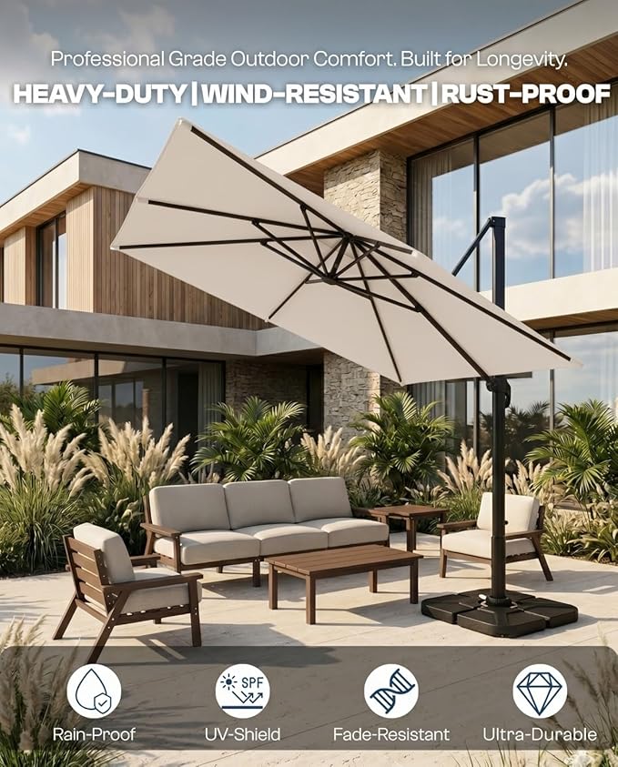 8' X 8' Patio Umbrella, Cantilever Umbrella with 360°Rotation, Offset Patio Umbrella with Easy Tilt & Fade Resistance for Pool Deck Garden Backyard, Off-White (Base not Included)