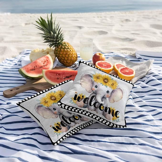 Cute Elephant Outdoor Pillow Covers 18x18 Inch Throw Pillow Covers Set of 2 Waterproof Decorative Pillow Cases Funny Sunflowers Animal Welcome Sign Linen Cushion Covers for Patio Furniture Garden