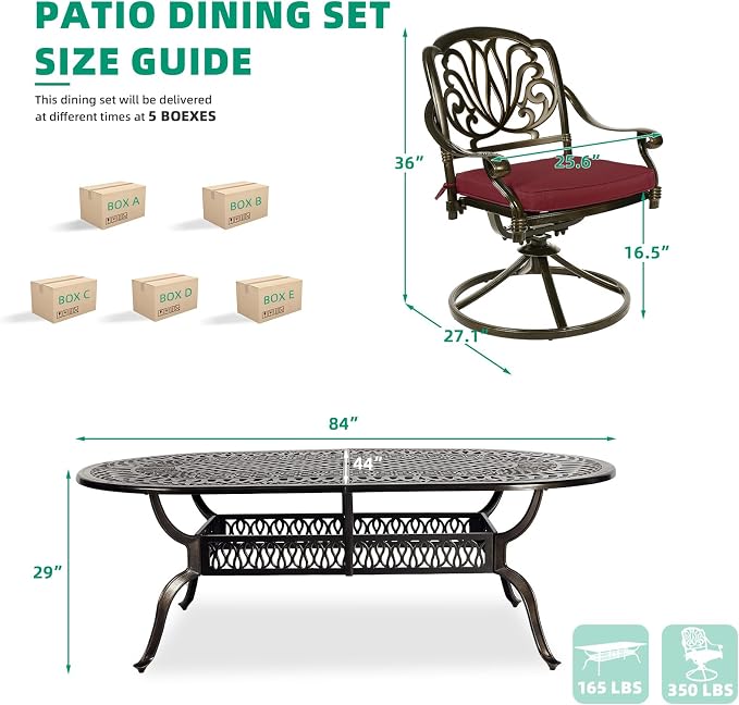 VIVIJASON 9-Piece Patio Furniture Dining Set, All-Weather Cast Aluminum Outdoor Conversation Set, Include 8 Swivel Dining Chairs and an Oval Table with Umbrella Hole for Garden Backyard, Red Cushion