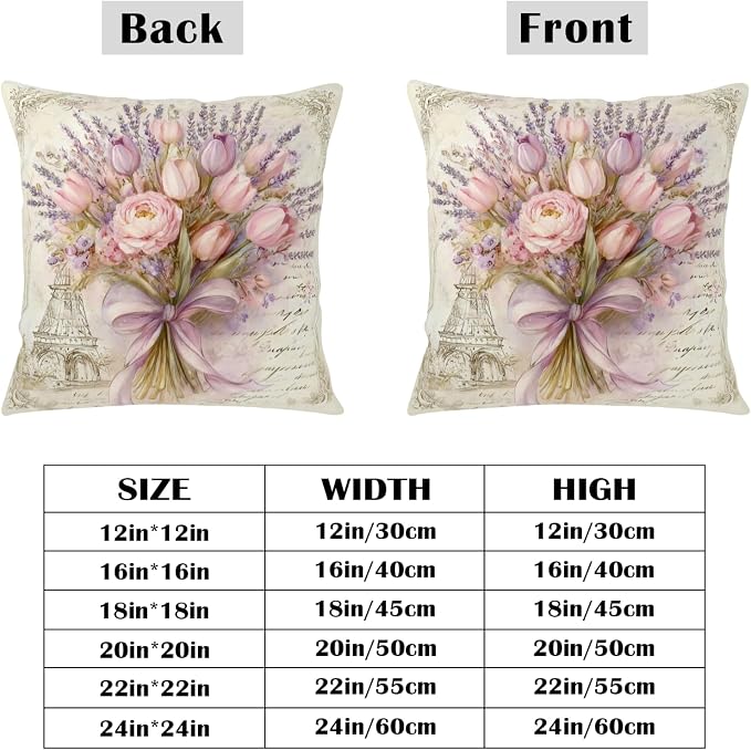 Spring Summer Tulip Pillow Covers Shabby Chic Pink Purple Flower Pillow Cases Lavender Floral Throw Pillow Covers 24x24 Rustic Farmhouse Cushion Case for Bedroom Living Room 2 Pack