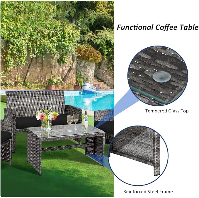 DORTALA 4 Piece Patio Furniture Set, Outdoor Wicker Conversation Set with Soft Cushions & Tempered Glass Coffee Table, Rattan Patio Sofa Bistro Sets for Courtyard Balcony, Black