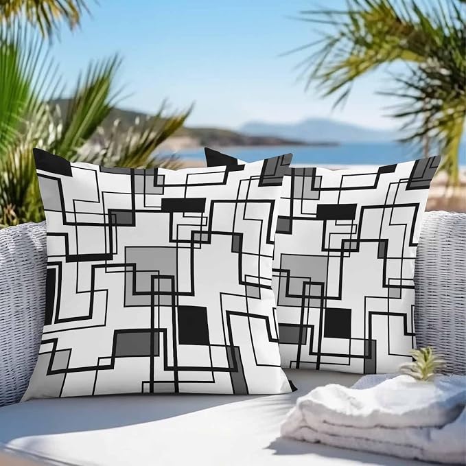 Vandarllin Outdoor Throw Pillows Covers 20x20 inch Set of 2 Waterproof Gray Geometric Stripes Decorative Zippered Cushion Covers for Patio Furniture, Modern Abstract Lines Lumbar Pillowcases