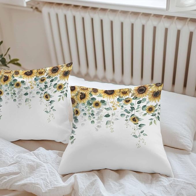 Vandarllin Outdoor Throw Pillows Covers 24x24 inch Set of 2 Waterproof Green Eucalyptus Leaves Decorative Zippered Cushion Covers for Patio Furniture, Watercolor Sunflower Lumbar Pillowcases