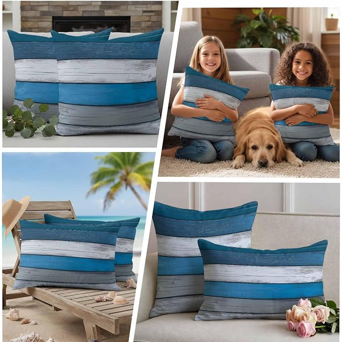 Coastal Style Outdoor Waterproof Throw Pillow Covers Set of 2, 20"x20", Retro Blue Grey Stripes Wood Texture Decorative Pillow Covers Outside Cushion Case for Patio Porch Garden