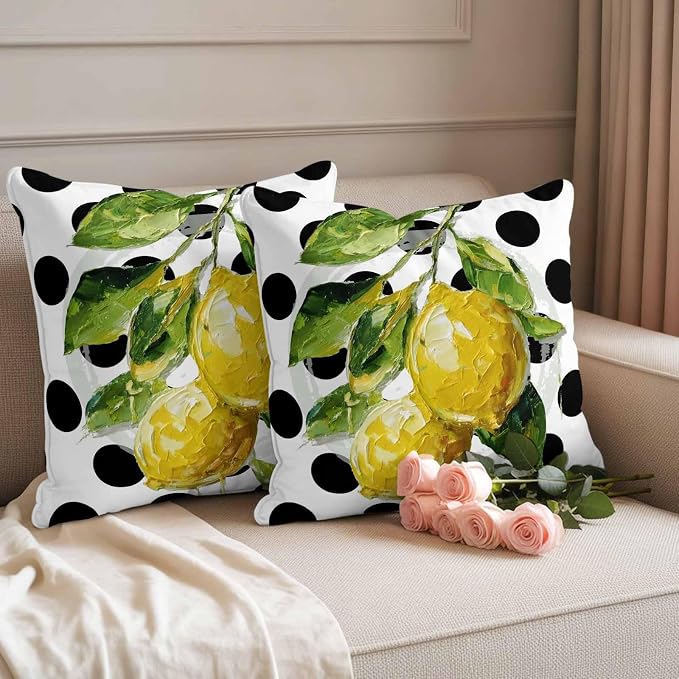 Waterproof Pillow Covers Set of 2,Summer Lemon Polka Dot Outdoor Pillow Protectors with Zipper Pillowcases for Patio Tent Garden Beach 18x18 Inches Country Fruit Oil Painting Style