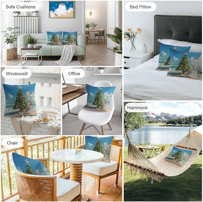 Christmas Outdoor Throw Pillows Covers 20x20 inch Set of 2 Waterproof Christmas Tree Decorative Zippered Cushion Covers for Patio Furniture, Pelican Starfish Shell Beach Wave Lumbar Pillowcases