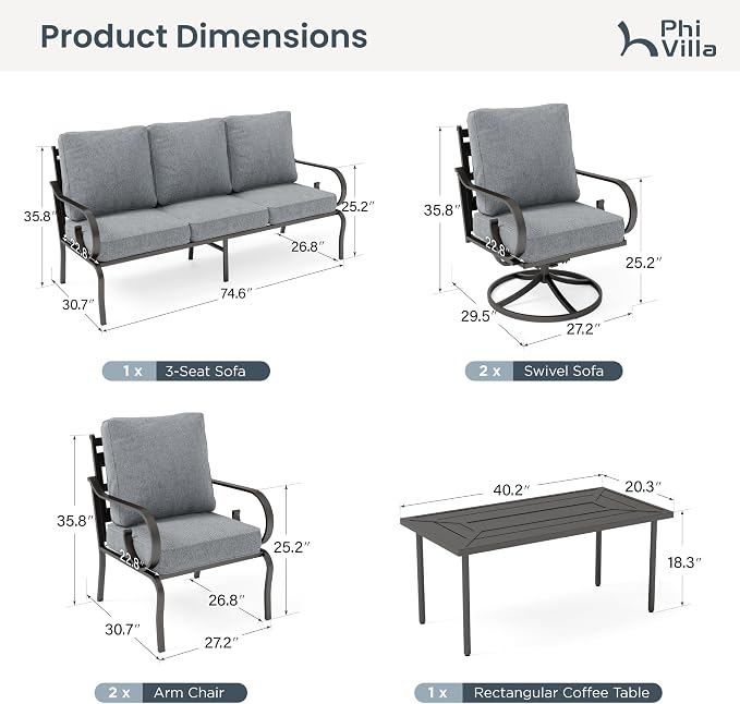 PHI VILLA Patio Furniture Set, 3-Seater Sofa, 2 Fixed Chairs, 2 Swivel Chairs and a Coffee Table, Outdoor Metal Conversation Set with 5.75" Extra Thick Cushion for Garden Backyard Deck, Grey