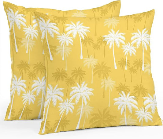 Throw Pillow Covers 16x16 Inch Set of 2, Tropical Palm Tree Waterproof Outdoor Pillow Covers, Yellow White Plants Coastal Leaf Beach Decorative Cushion Pillowcases for Couch, Sofa, Bed, Garden, Patio