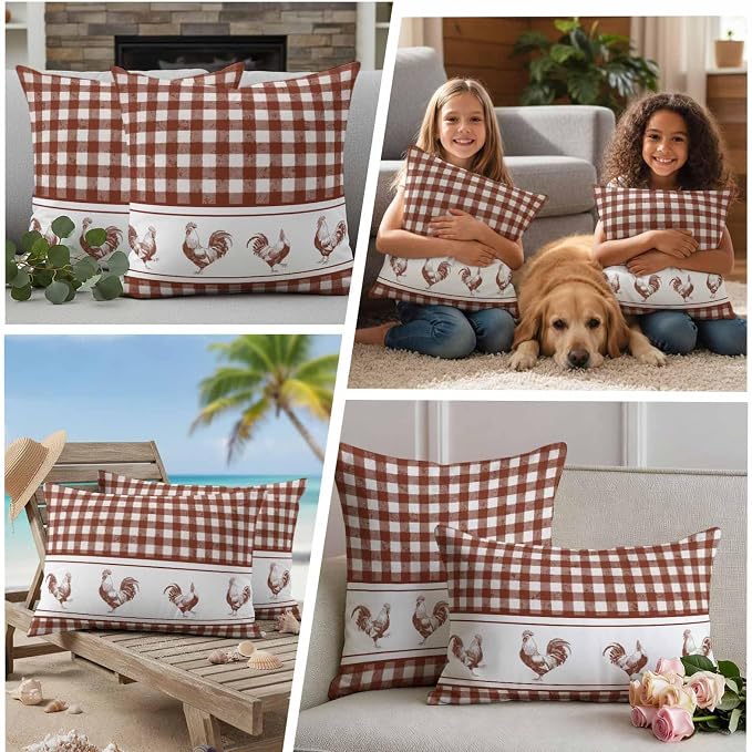 Outdoor Waterproof Throw Pillow Covers Set of 2 Chicken Cock Rooster Pillowcases 18x18 Inches Farmhouse Animal Red Buffalo Plaid Decorative Pillows Cushion Case Patio Pillows for Couch Bed Chair