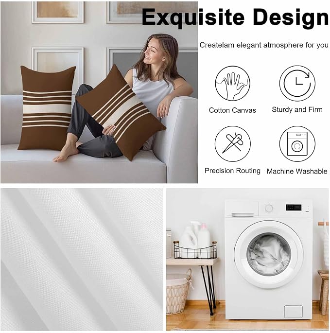 Vandarllin Outdoor Throw Pillows Covers 20x12 inch Set of 2 Waterproof Brown Vertical Stripes Decorative Zippered Cushion Covers for Patio Furniture, Classic Striped Linen Lumbar Pillowcases