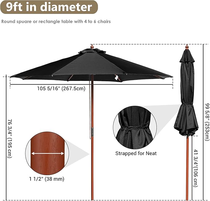 9 Ft Wooden Patio Umbrella 8 Ribs Table Parasol Rope Pulley Outdoor Garden Yard