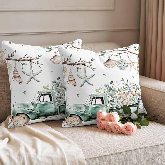 Sage Green Truck Outdoor Waterproof Throw Pillow Covers Set of 2, 18"x18", Ocean Starfish Shell Summer Leaf Decorative Pillow Covers Outside Cushion Case for Patio Porch Garden
