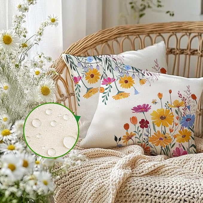 RABUSOFA Spring Summer Pillow Covers Waterproof 18x18 Inch Yellow Outdoor Decor Decorative Pillows for Couch Yellow Flower Daisy Floral Farmhouse Pillowcase for Patio Balcony Sofa Set of 2