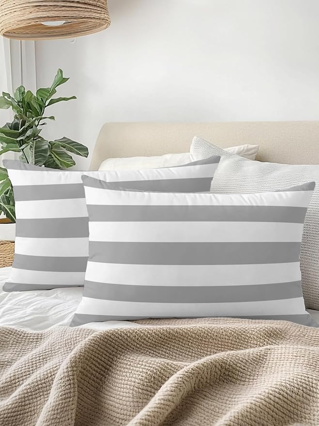 Waterproof Outdoor Pillow 1 Pack Grey White Stripe Decorative Throw Pillows Cover & Insert 20x12 Inch Lumbar Pillowcase Simple Style Striped Pillows for Couch Sofa Bed Patio Furniture Indoor Outdoor