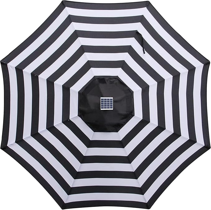 Blissun 9 ft Solar Umbrella 32 LED Lighted Patio Umbrella Table Market Umbrella with Tilt and Crank Outdoor Umbrella for Garden, Deck, Backyard, Pool and Beach (Black and White)